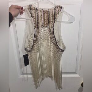 Guess Cream Backless Dress with Embroidery and Fringe